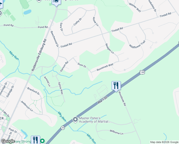 map of restaurants, bars, coffee shops, grocery stores, and more near 2 Roosevelt Way in Robbinsville Township