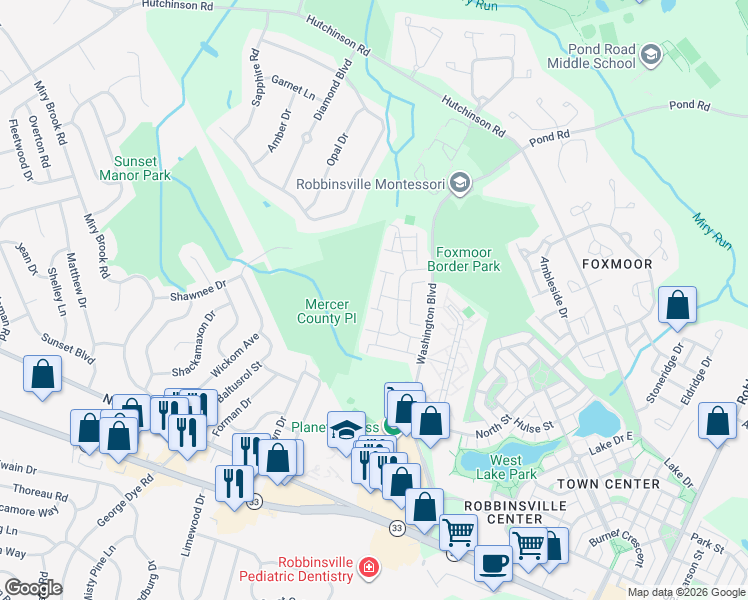 map of restaurants, bars, coffee shops, grocery stores, and more near 140 Tynemouth Court in Robbinsville Township