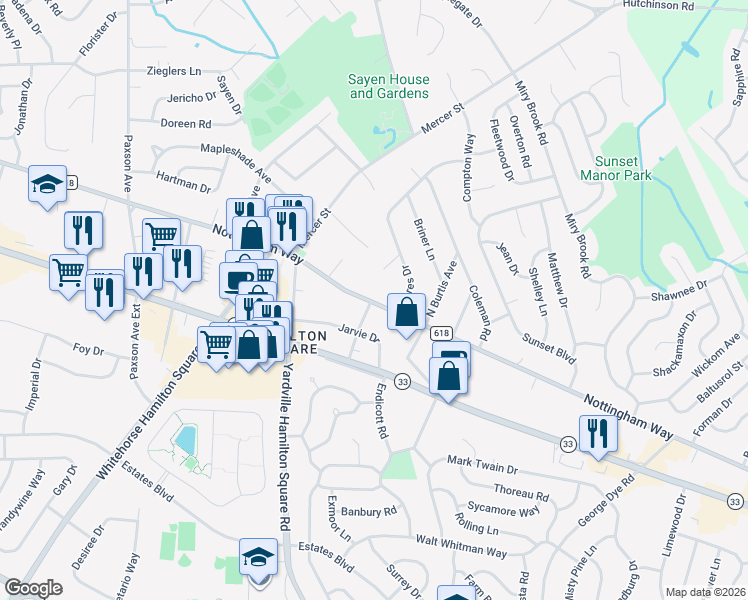 map of restaurants, bars, coffee shops, grocery stores, and more near 3842 Nottingham Way in Hamilton Township