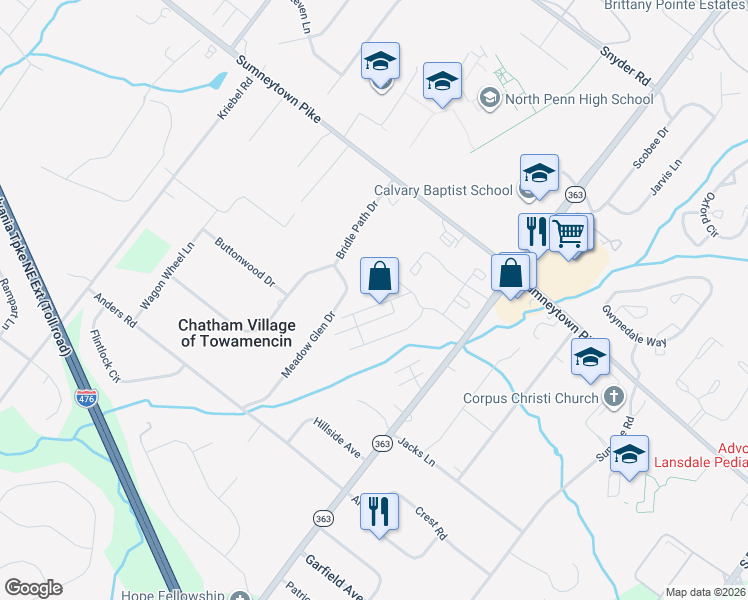 map of restaurants, bars, coffee shops, grocery stores, and more near 201 Oberlin Terrace in Lansdale