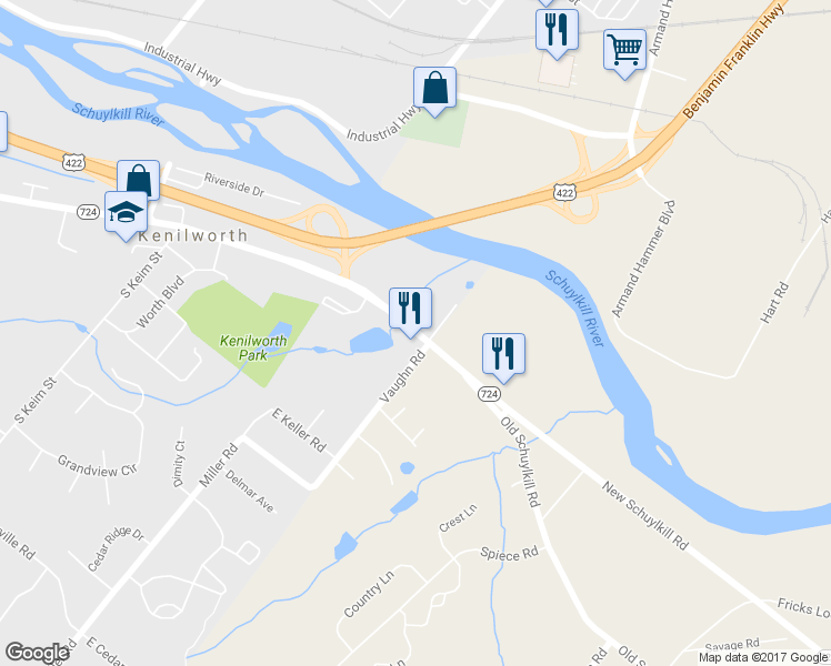 map of restaurants, bars, coffee shops, grocery stores, and more near 1400 East Schuylkill Road in Pottstown