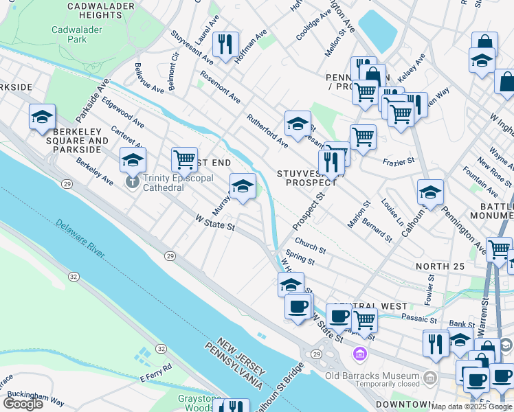 map of restaurants, bars, coffee shops, grocery stores, and more near 13 West End Avenue in Trenton