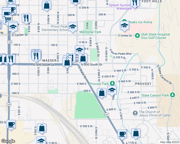 map of restaurants, bars, coffee shops, grocery stores, and more near 397 South State Street in Provo