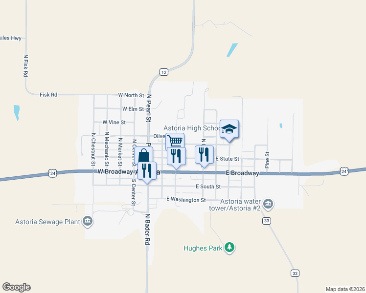 map of restaurants, bars, coffee shops, grocery stores, and more near 206 East Church Street in Astoria