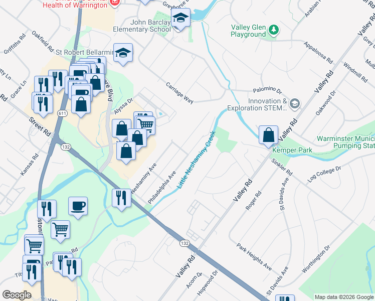 map of restaurants, bars, coffee shops, grocery stores, and more near 806 Philadelphia Avenue in Warrington