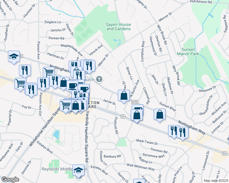 map of restaurants, bars, coffee shops, grocery stores, and more near 3842 Nottingham Way in Hamilton Township