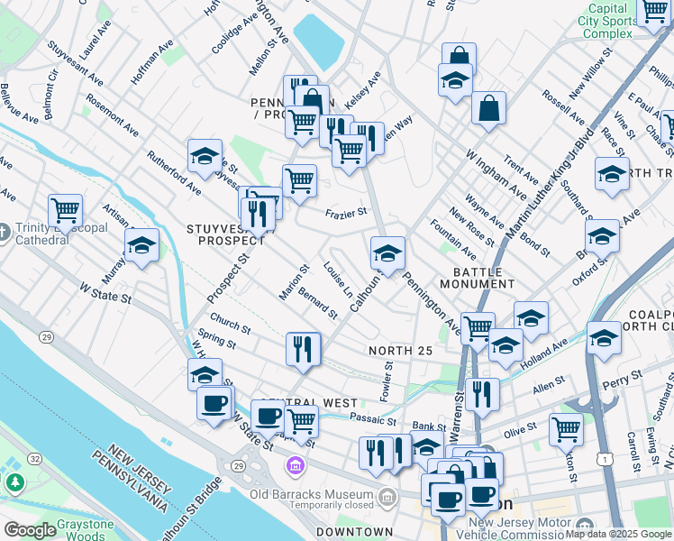 map of restaurants, bars, coffee shops, grocery stores, and more near 46 Louise Lane in Trenton