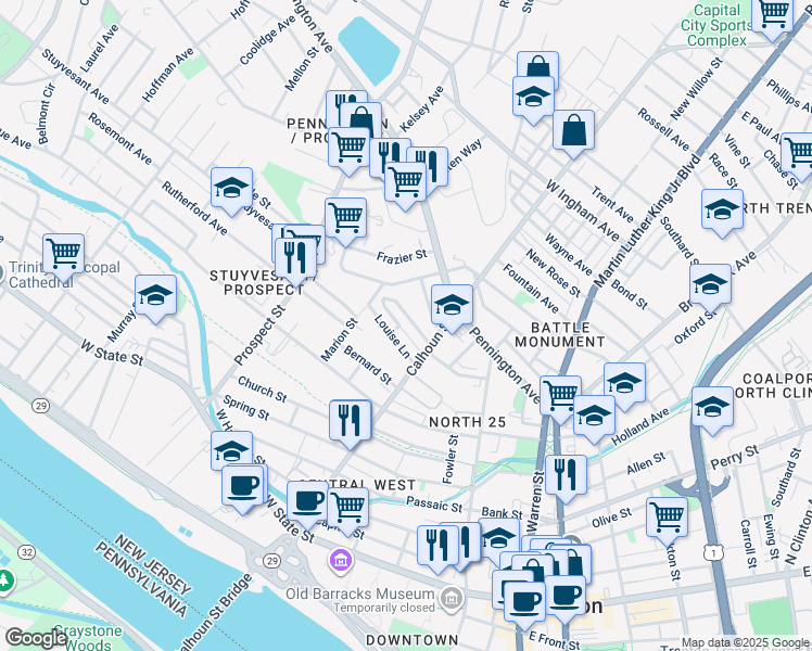 map of restaurants, bars, coffee shops, grocery stores, and more near 49 Dunham Street in Trenton