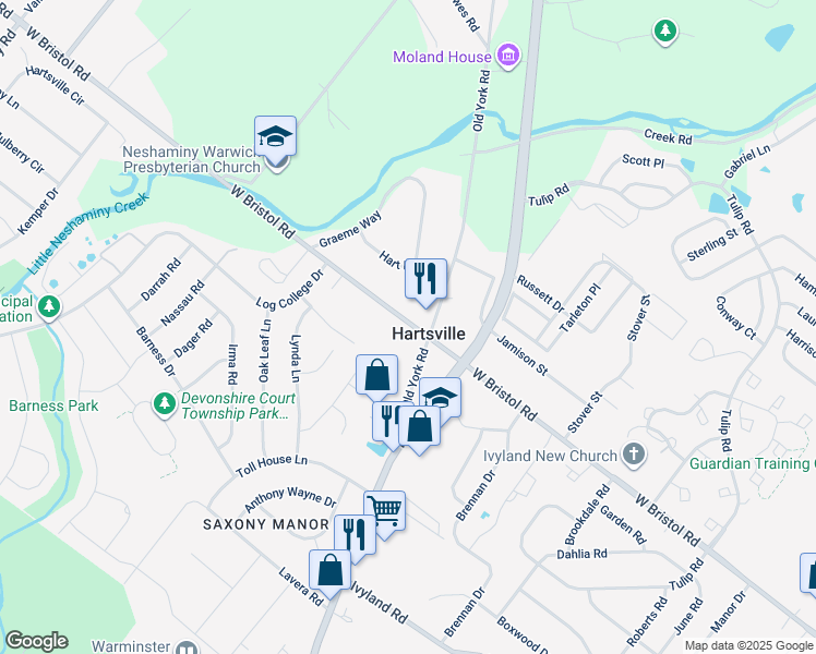 map of restaurants, bars, coffee shops, grocery stores, and more near 1130 West Bristol Road in Warminster
