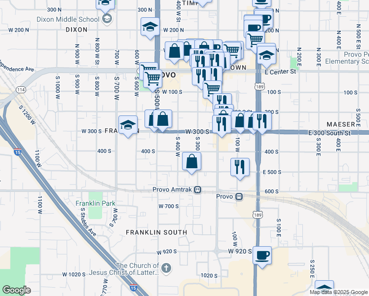map of restaurants, bars, coffee shops, grocery stores, and more near 370 400 South in Provo