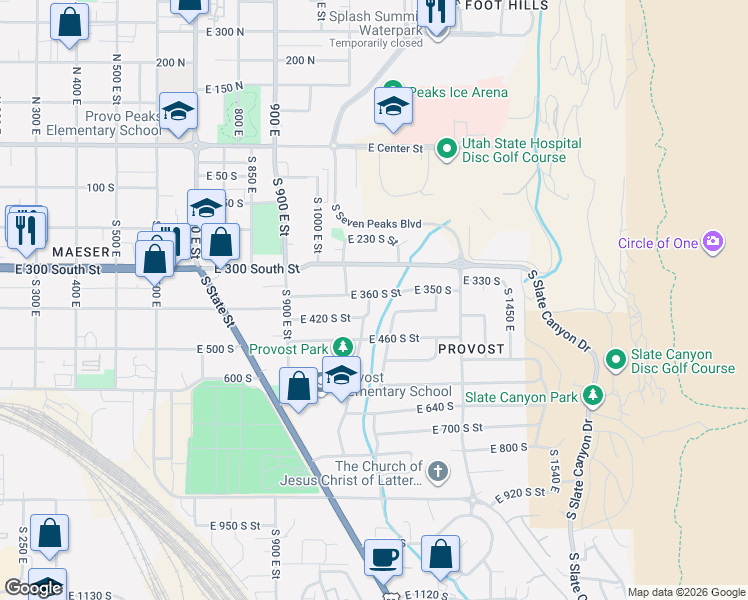 map of restaurants, bars, coffee shops, grocery stores, and more near 1132 East 360 South Street in Provo