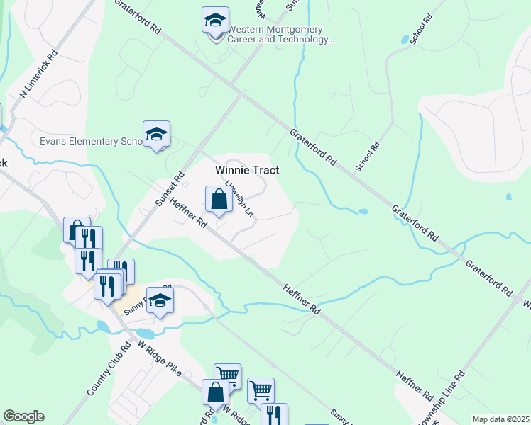 map of restaurants, bars, coffee shops, grocery stores, and more near 52 Llewellyn Lane in Royersford