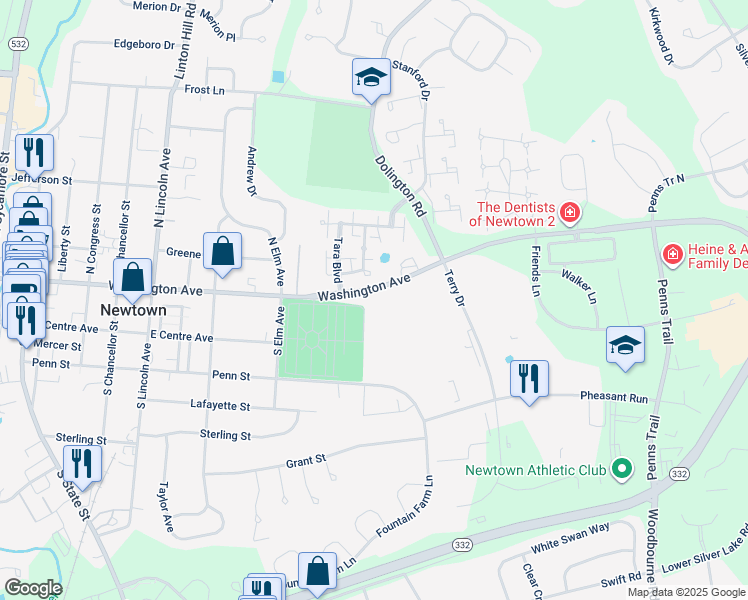 map of restaurants, bars, coffee shops, grocery stores, and more near 638 Newtown Yardley Road in Newtown