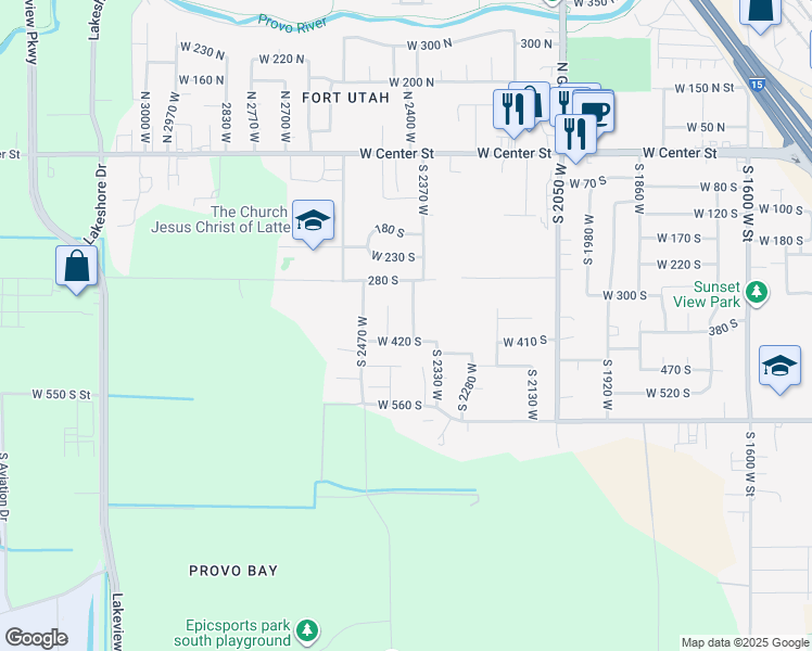 map of restaurants, bars, coffee shops, grocery stores, and more near 386 South 2390 West in Provo
