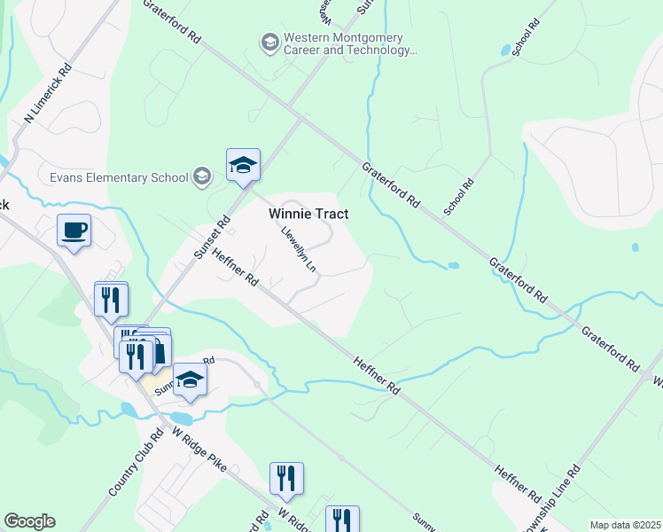 map of restaurants, bars, coffee shops, grocery stores, and more near 52 Llewellyn Lane in Royersford