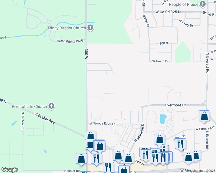 map of restaurants, bars, coffee shops, grocery stores, and more near Classic in Muncie