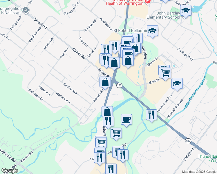 map of restaurants, bars, coffee shops, grocery stores, and more near 566 Easton Road in Warrington