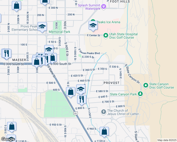 map of restaurants, bars, coffee shops, grocery stores, and more near 1132 East 360 South Street in Provo