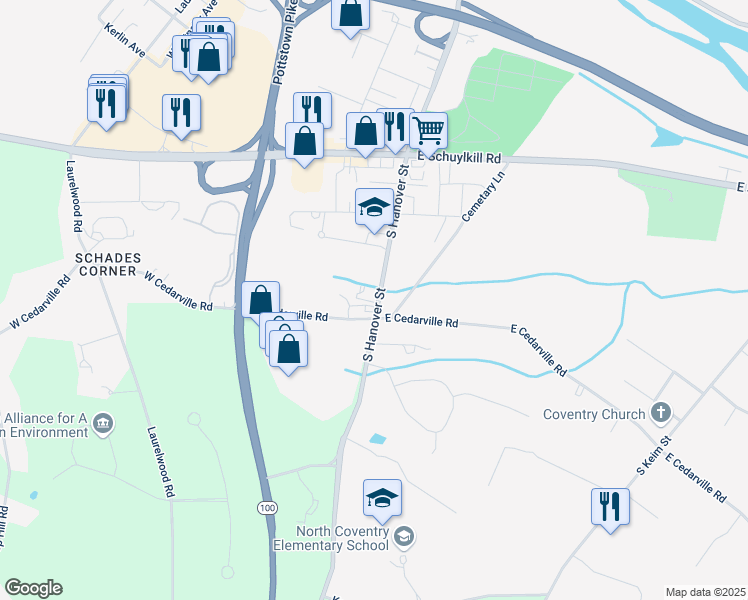 map of restaurants, bars, coffee shops, grocery stores, and more near 1043 South Hanover Street in Pottstown