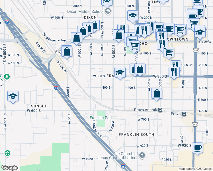 map of restaurants, bars, coffee shops, grocery stores, and more near 770 400 South in Provo