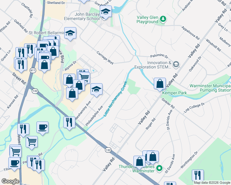 map of restaurants, bars, coffee shops, grocery stores, and more near 819 Philadelphia Avenue in Warrington