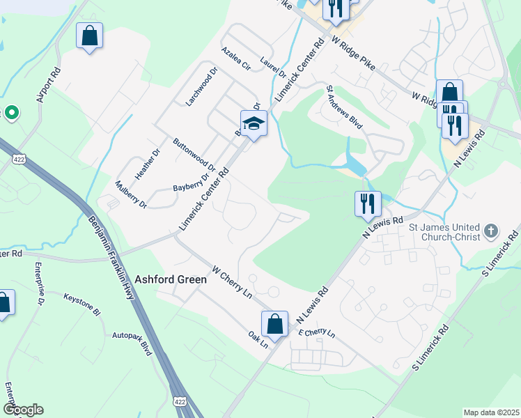 map of restaurants, bars, coffee shops, grocery stores, and more near 152 Merion Dr in Limerick