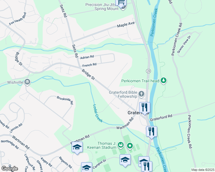 map of restaurants, bars, coffee shops, grocery stores, and more near 601 Grater Avenue in Collegeville