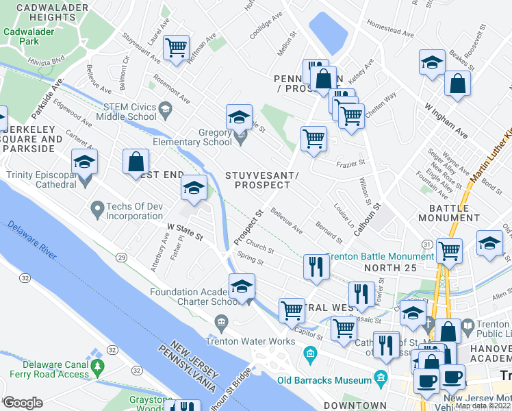map of restaurants, bars, coffee shops, grocery stores, and more near 77 Prospect Street in Trenton
