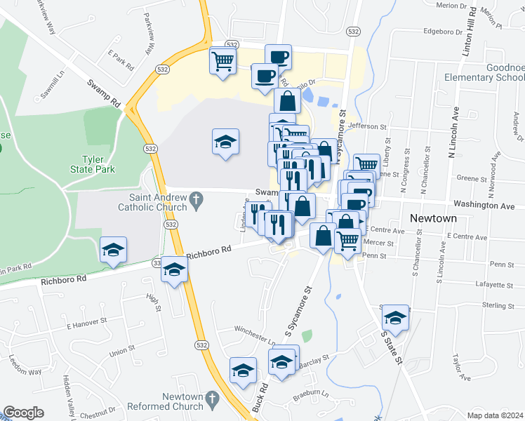 map of restaurants, bars, coffee shops, grocery stores, and more near 14 German Avenue in Newtown