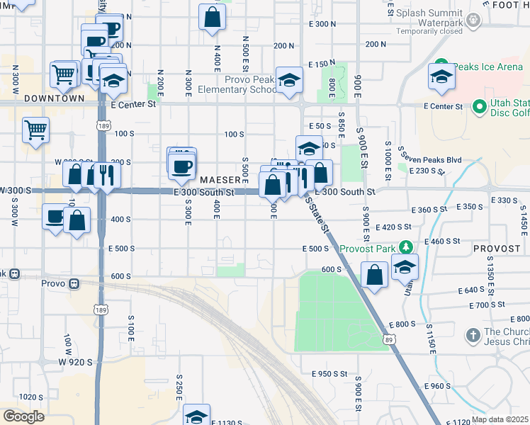 map of restaurants, bars, coffee shops, grocery stores, and more near 533 400 South in Provo
