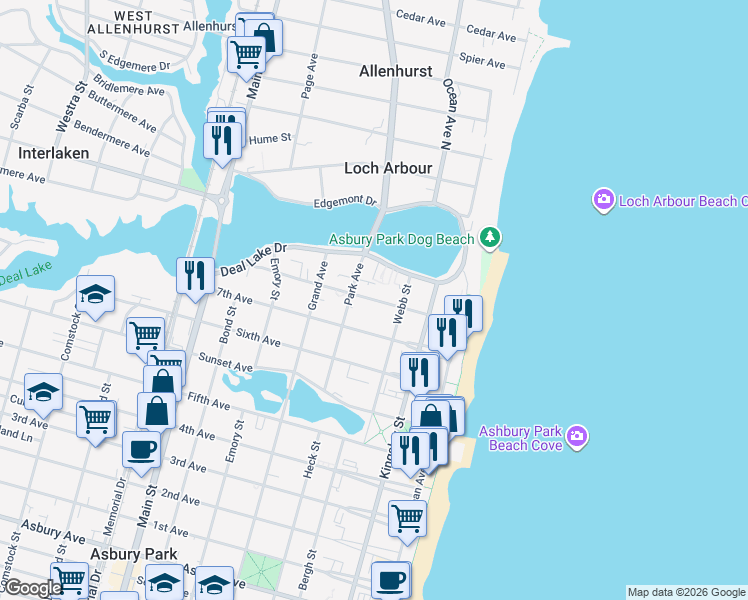 map of restaurants, bars, coffee shops, grocery stores, and more near 306 8th Avenue in Asbury Park