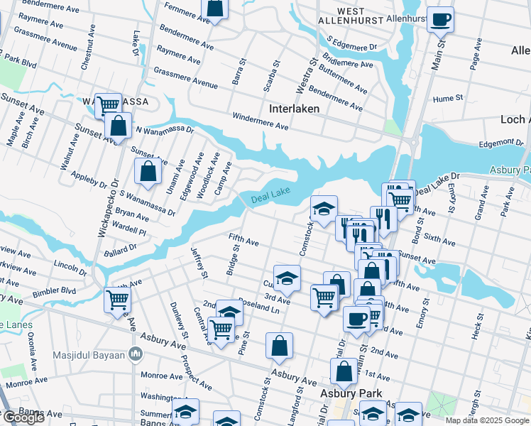 map of restaurants, bars, coffee shops, grocery stores, and more near 1214 Sunset Avenue in Asbury Park