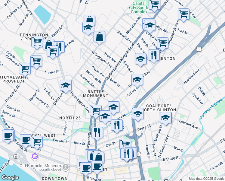 map of restaurants, bars, coffee shops, grocery stores, and more near 62 New Rose Street in Trenton
