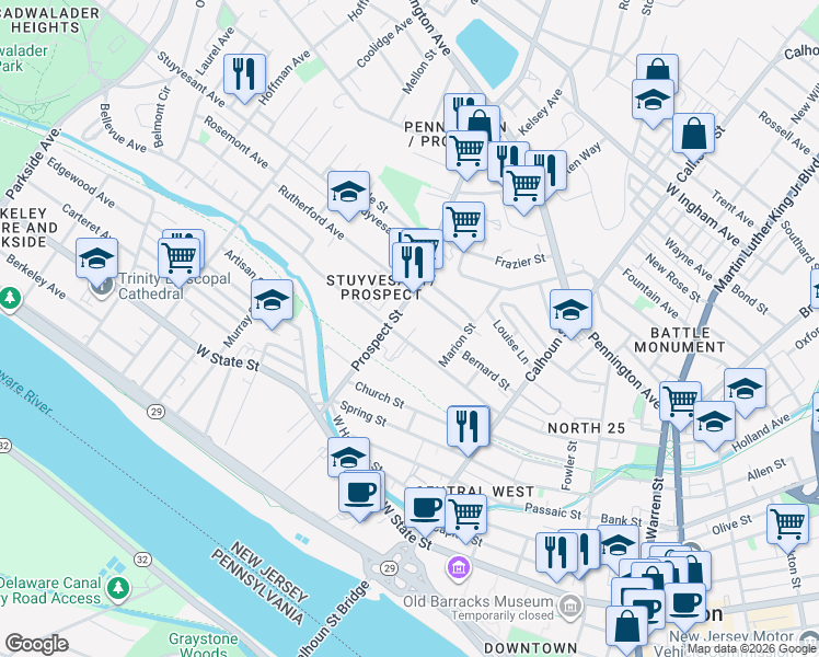map of restaurants, bars, coffee shops, grocery stores, and more near 324 Bellevue Avenue in Trenton