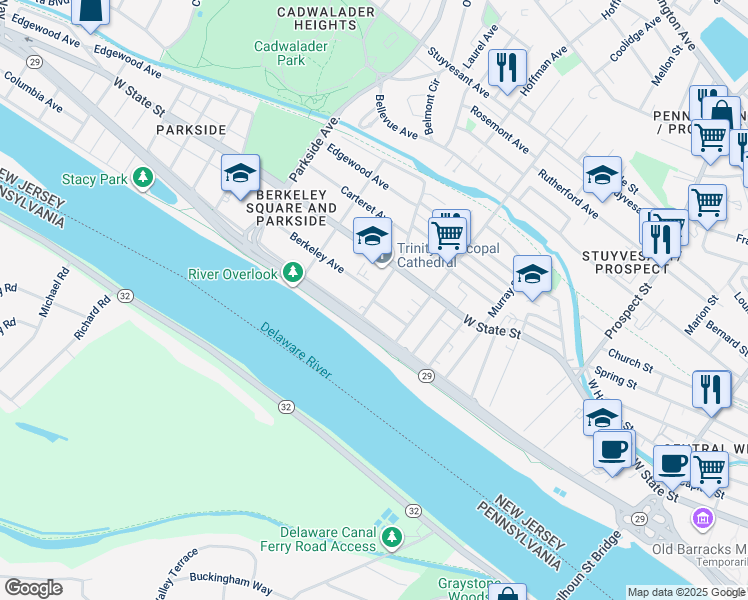 map of restaurants, bars, coffee shops, grocery stores, and more near 100 South Overbrook Avenue in Trenton