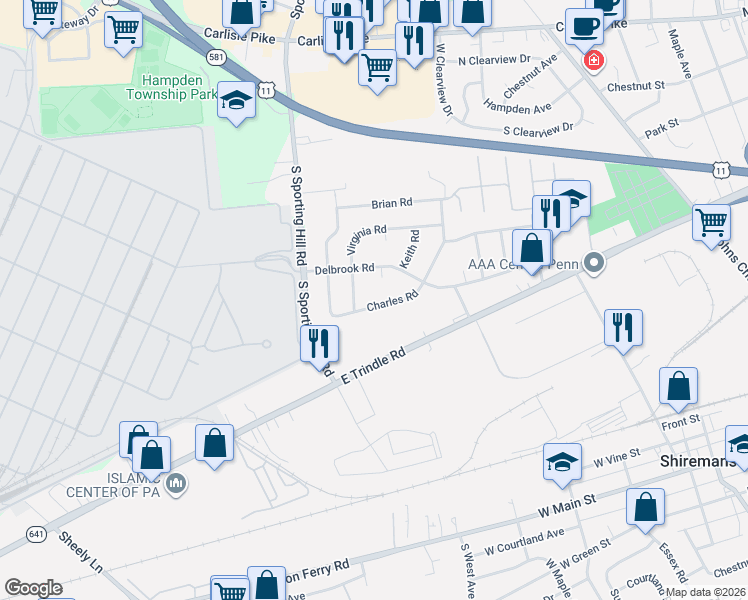 map of restaurants, bars, coffee shops, grocery stores, and more near 4832 Charles Road in Mechanicsburg