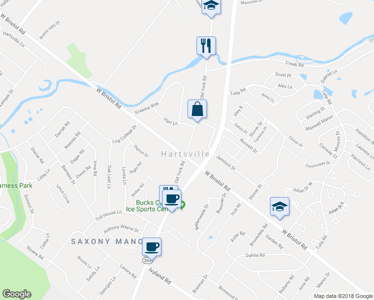 map of restaurants, bars, coffee shops, grocery stores, and more near 1412 Old York Road in Warminster