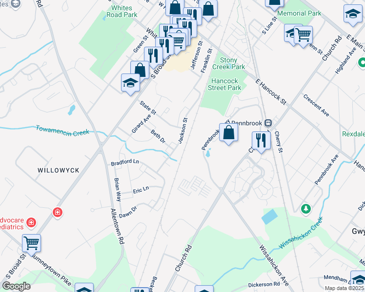 map of restaurants, bars, coffee shops, grocery stores, and more near 807 Jackson Street in Lansdale