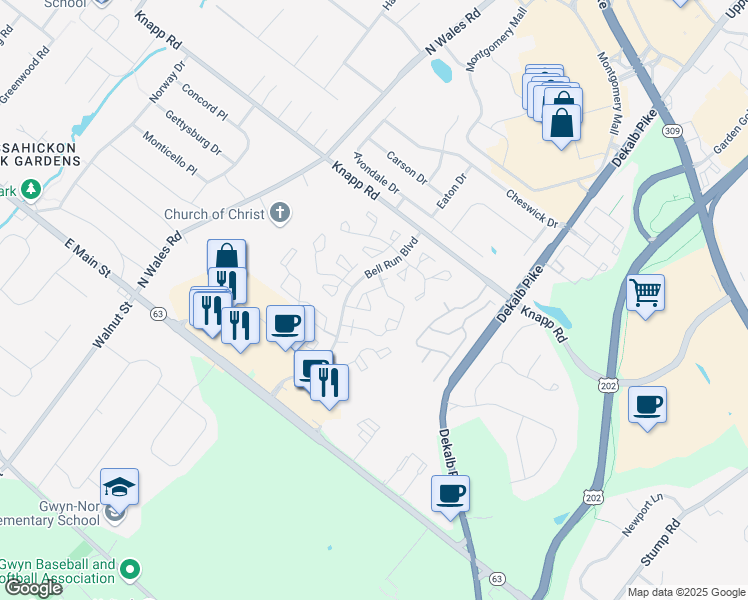 map of restaurants, bars, coffee shops, grocery stores, and more near 3203 South Carriage Court in North Wales