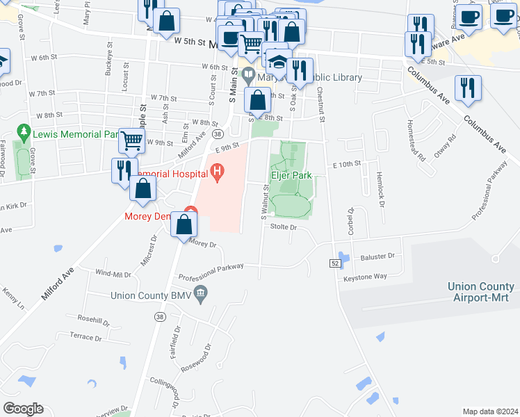 map of restaurants, bars, coffee shops, grocery stores, and more near 709 South Walnut Street in Marysville