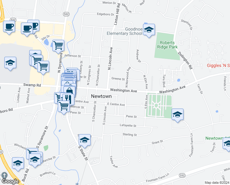 map of restaurants, bars, coffee shops, grocery stores, and more near 422 Washington Avenue in Newtown