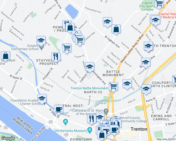 map of restaurants, bars, coffee shops, grocery stores, and more near 515 Rev S Howard Woodson Junior Way in Trenton