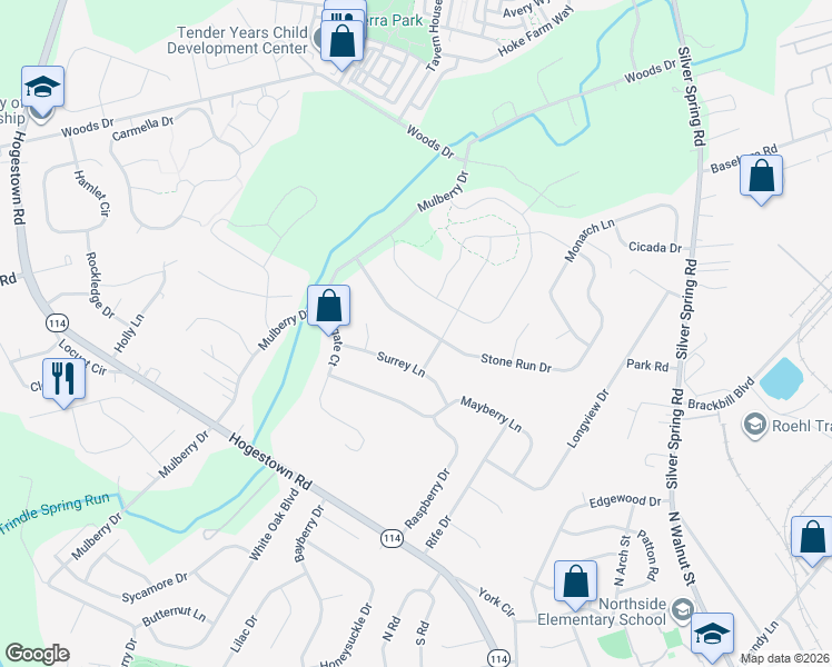 map of restaurants, bars, coffee shops, grocery stores, and more near 17 Stone Run Drive in Mechanicsburg