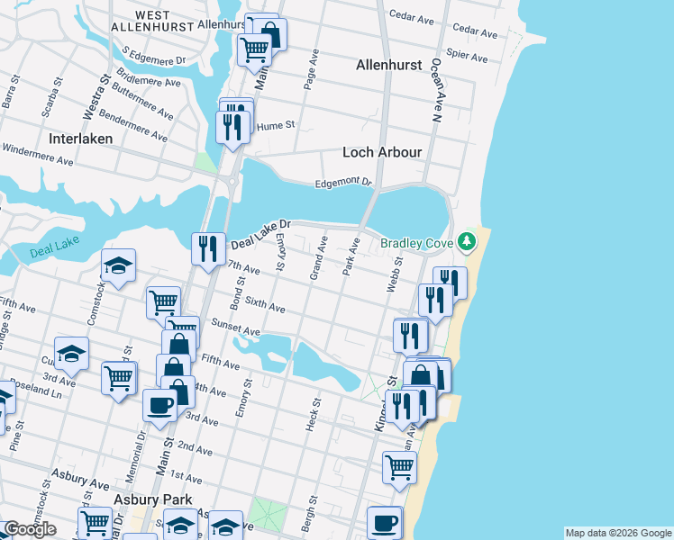 map of restaurants, bars, coffee shops, grocery stores, and more near 1615 Park Avenue in Asbury Park