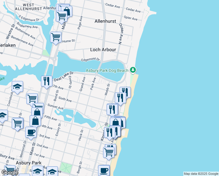 map of restaurants, bars, coffee shops, grocery stores, and more near 201-203 8th Avenue in Asbury Park