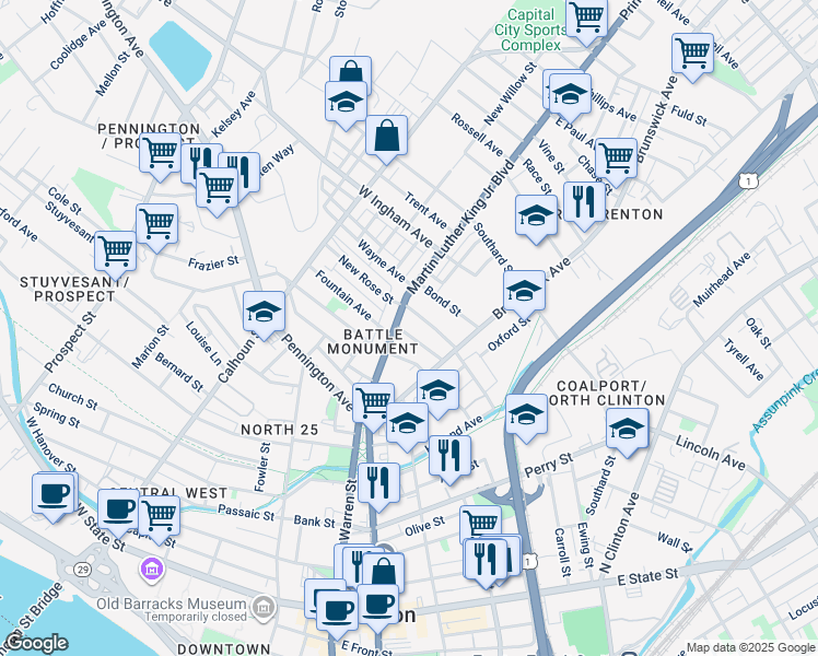 map of restaurants, bars, coffee shops, grocery stores, and more near 6 Sanford St in Trenton