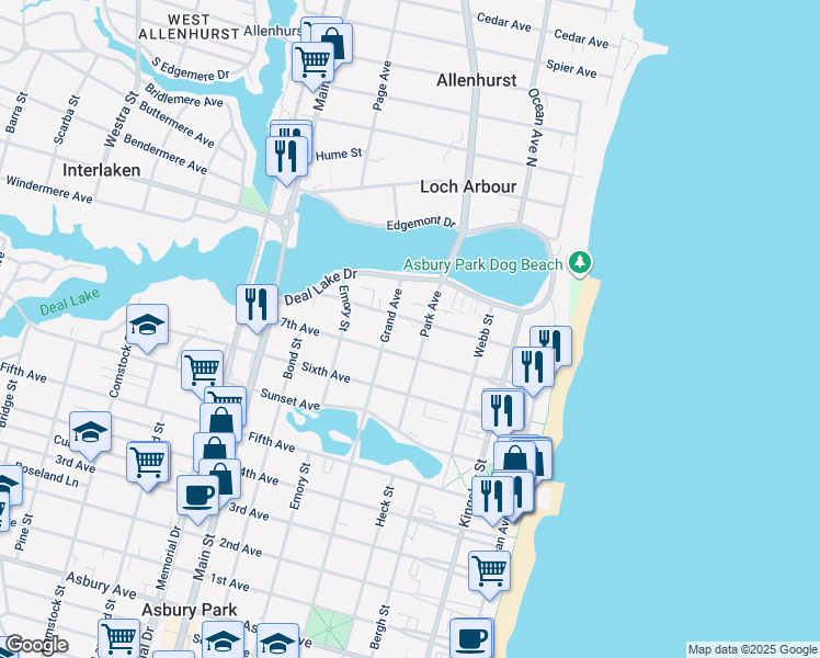 map of restaurants, bars, coffee shops, grocery stores, and more near 1615 Park Avenue in Asbury Park