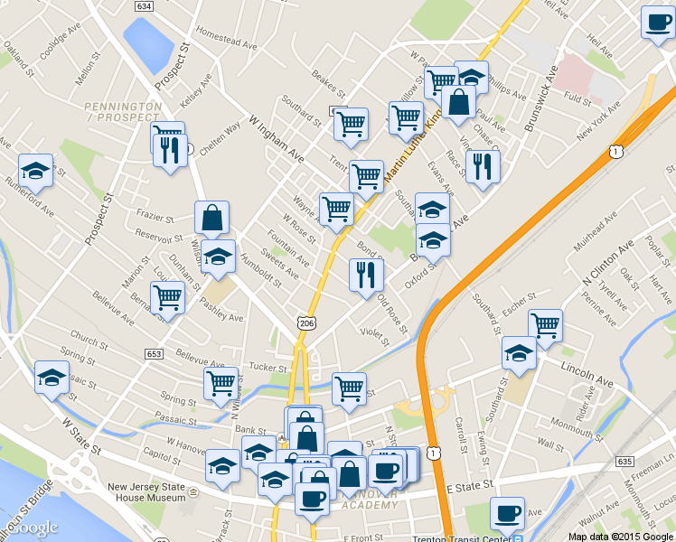 map of restaurants, bars, coffee shops, grocery stores, and more near 6 Sanford St in Trenton
