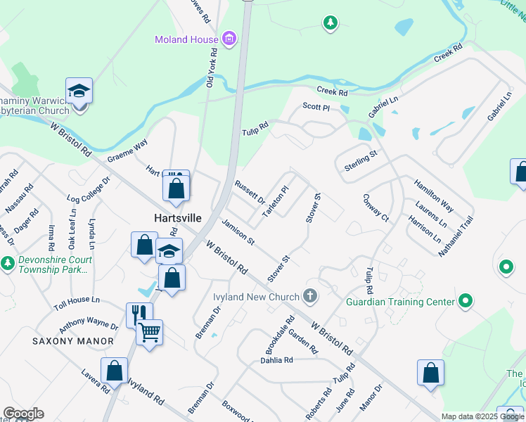 map of restaurants, bars, coffee shops, grocery stores, and more near 1488 Tarleton Place in Warminster