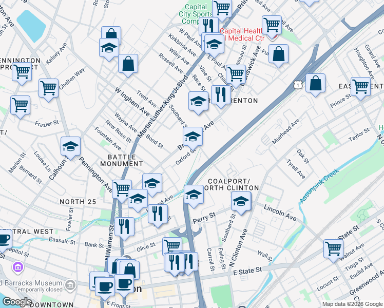 map of restaurants, bars, coffee shops, grocery stores, and more near 25 Oxford Street in Trenton